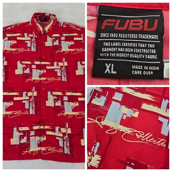 Fubu The Collection Button Up Shirt Mens XL All Over Print Red Y2K Hip Hop Rap - Picture 1 of 14